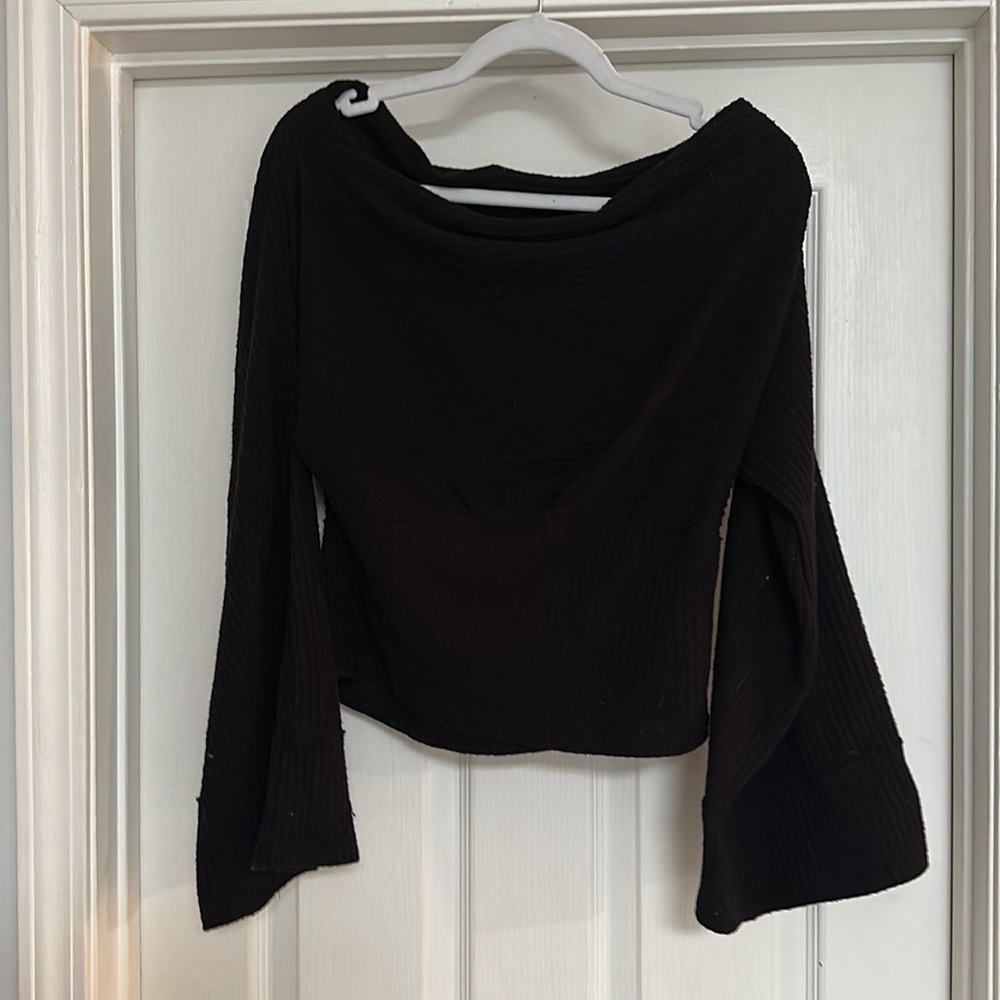 FREE PEOPLE We the Free Black Off the Shoulder Waffle Knit Sweater Size Medium✨